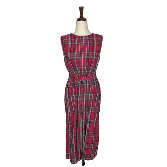 Vtg British Khaki Robert Lighton Tartan Plaid Midi Dress 6 Sleeveless Tie Waist - Picture 2 of 8